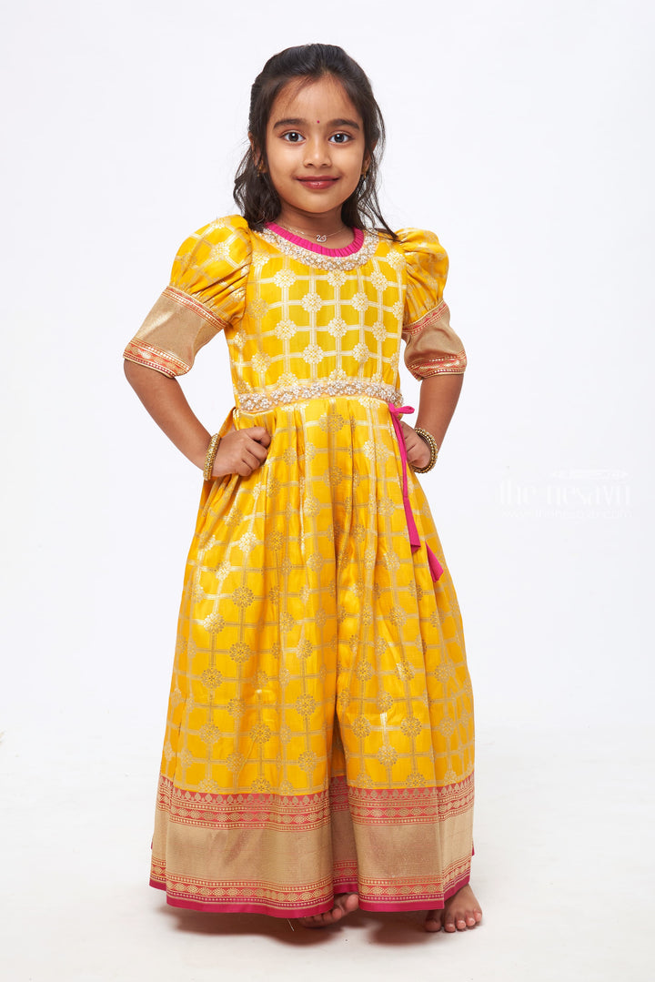 The Nesavu Silk Gown Sunshine Charm: Yellow & Pink Zari Checkered Floral Pleated Jacquard Silk Gown for Girls Nesavu 16 (1Y) / Yellow / Jacquard GA153D-16 Festive Diwali Anarkali Outfits | Exclusive Anarkali Dress | The Nesavu