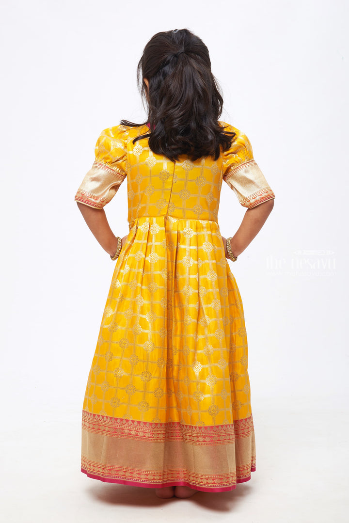 The Nesavu Silk Gown Sunshine Charm: Yellow & Pink Zari Checkered Floral Pleated Jacquard Silk Gown for Girls Nesavu Festive Diwali Anarkali Outfits | Exclusive Anarkali Dress | The Nesavu