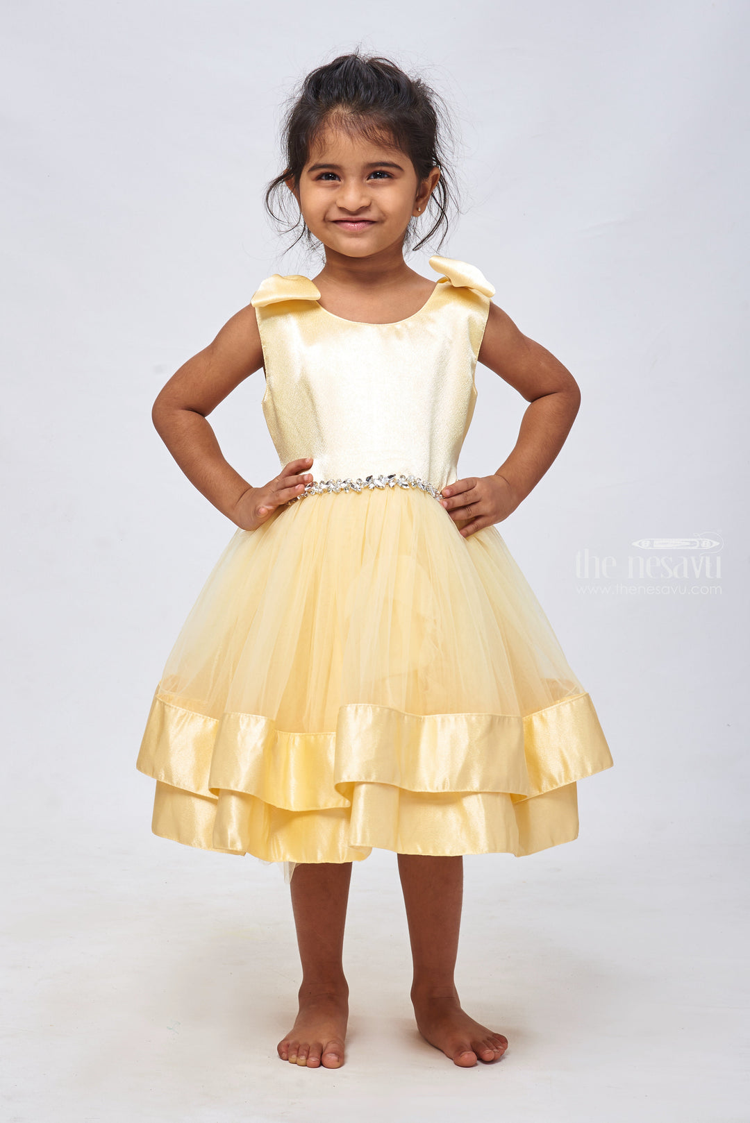 The Nesavu Girls Tutu Frock Sunshine Dream: Double-Layered Net Party Dress with Bow Accents for Girls Nesavu 12 (3M) / Yellow / Plain Net PF139A-12 Fancy Dress for 3-Year-Old Birthday Girls | Elegant Frocks | The Nesavu