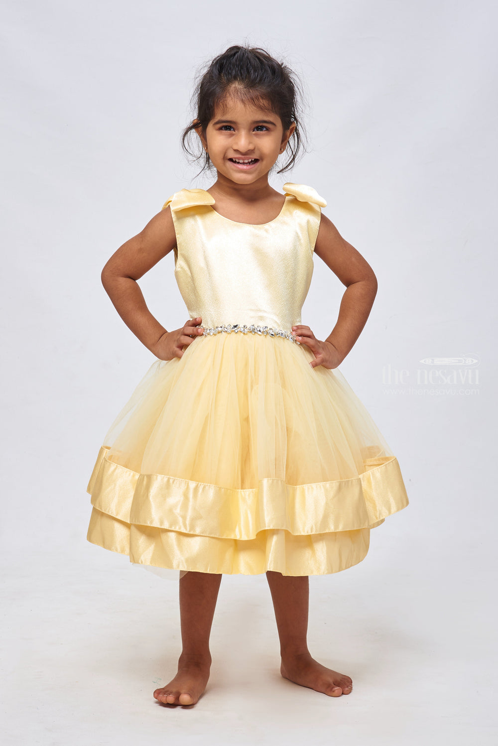 The Nesavu Girls Tutu Frock Sunshine Dream: Double-Layered Net Party Dress with Bow Accents for Girls Nesavu Fancy Dress for 3-Year-Old Birthday Girls | Elegant Frocks | The Nesavu