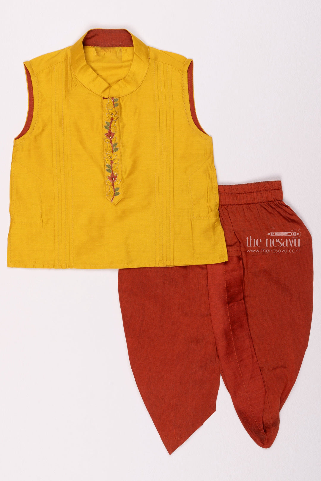 The Nesavu Boys Dothi Set Sunshine Elegance Chic Floral Embroidered Yellow Shirt & Maroon Panchagajam Set for Boys Nesavu Comfortable Boys Shirt Dhoti Set | Traditional Indian Boys Attire | The Nesavu