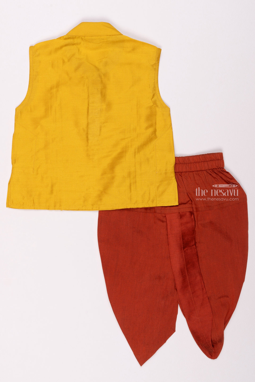 The Nesavu Boys Dothi Set Sunshine Elegance Chic Floral Embroidered Yellow Shirt & Maroon Panchagajam Set for Boys Nesavu Comfortable Boys Shirt Dhoti Set | Traditional Indian Boys Attire | The Nesavu