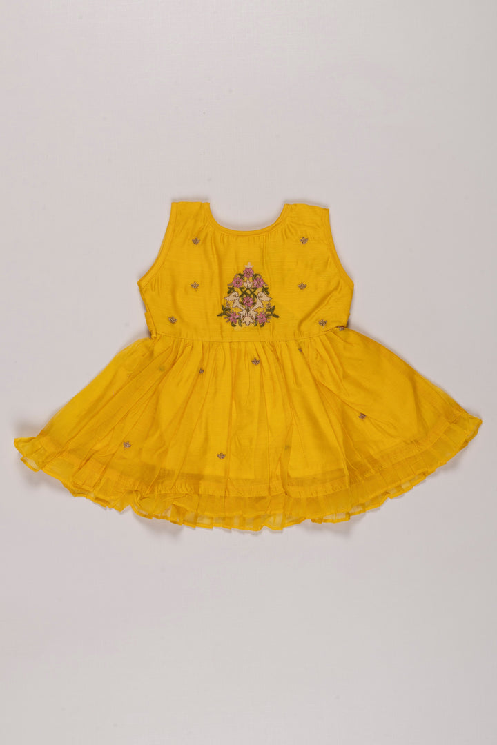 The Nesavu Girls Cotton Frock Sunshine Embroidered Cotton Frock with Ruffle Hem for Girls Nesavu 12 (3M) / Yellow GFC1237A-12 Girls Bright Summer Cotton Dress Choices | Embroidered Yellow Frock | The Nesavu