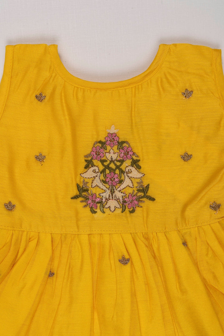 The Nesavu Girls Cotton Frock Sunshine Embroidered Cotton Frock with Ruffle Hem for Girls Nesavu Girls Bright Summer Cotton Dress Choices | Embroidered Yellow Frock | The Nesavu