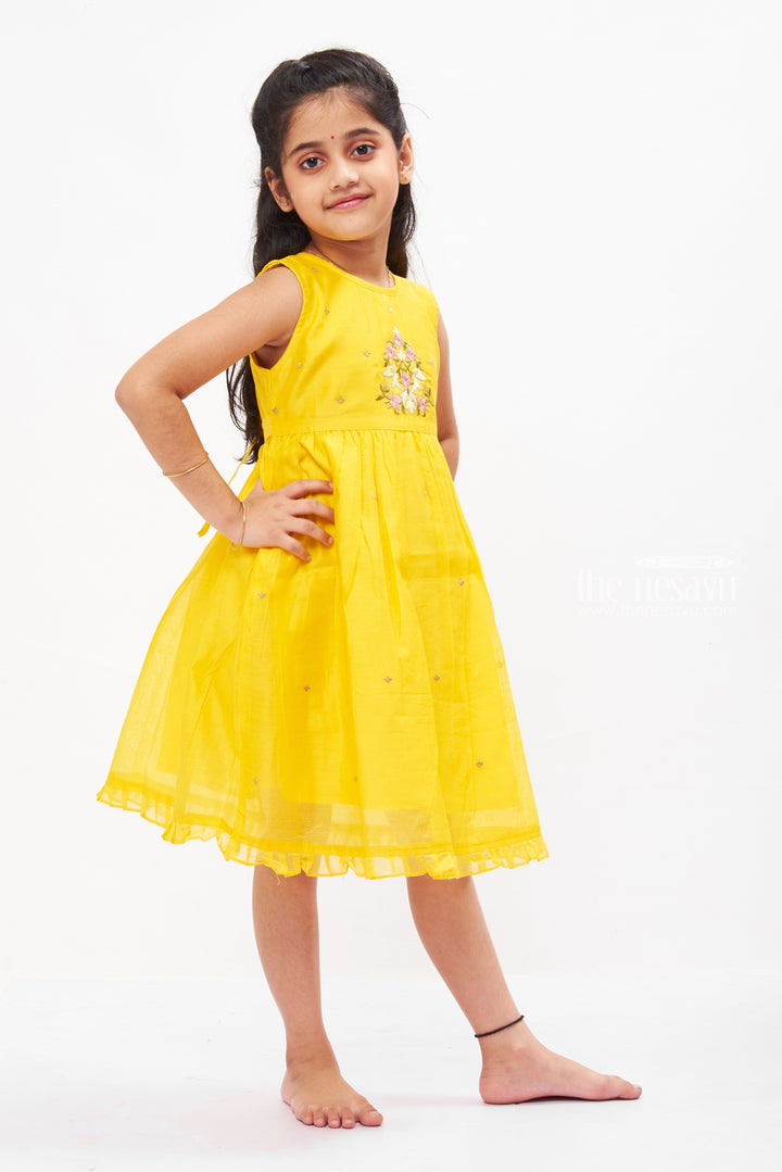 The Nesavu Girls Cotton Frock Sunshine Embroidered Cotton Frock with Ruffle Hem for Girls Nesavu Girls Bright Summer Cotton Dress Choices | Embroidered Yellow Frock | The Nesavu