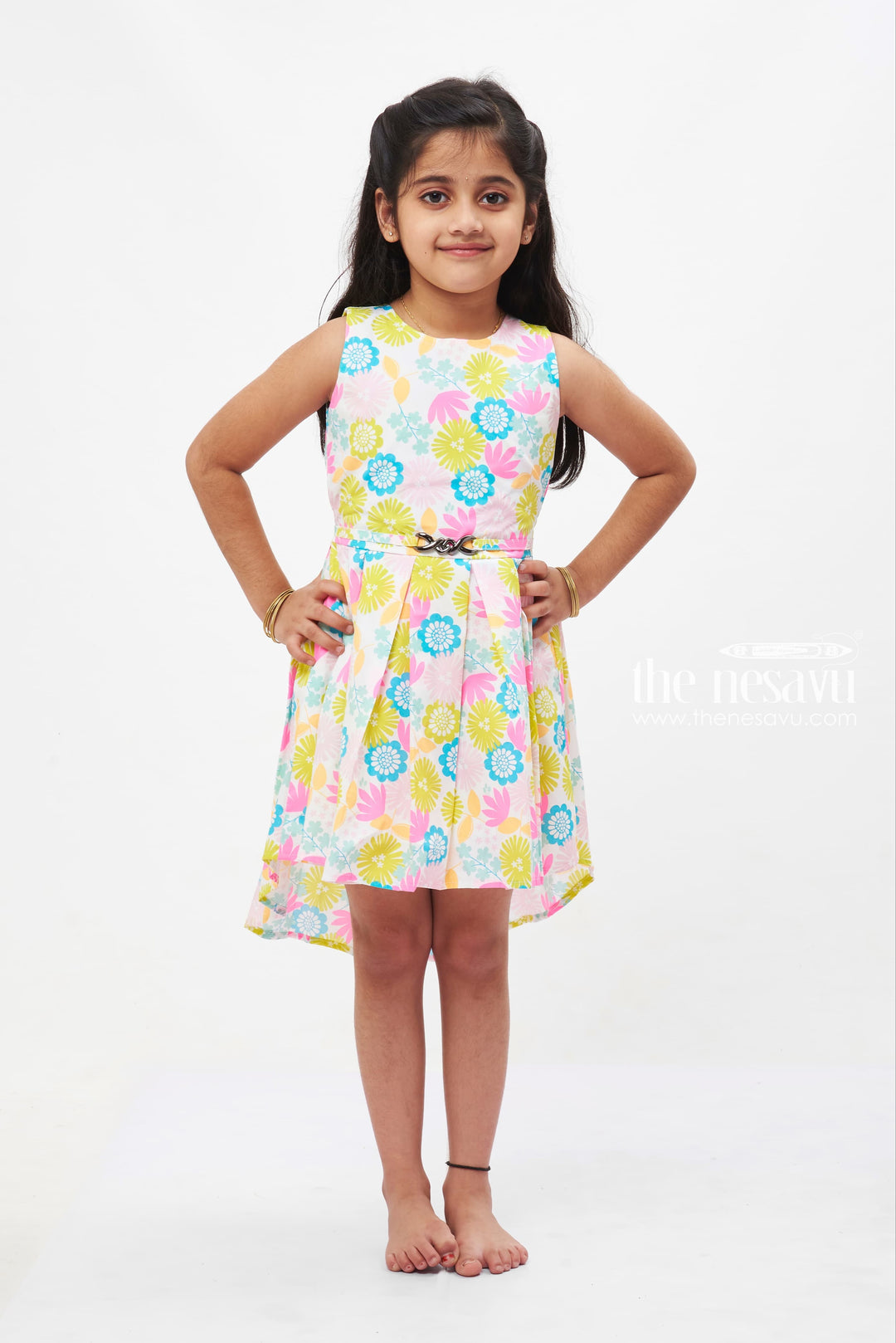 The Nesavu Girls Fancy Frock Sunshine Floral High-Low Cotton Dress: Bright Summer Print for Girls Nesavu 22 (4Y) / multicolor GFC1210A-22 Girls' Summer High-Low Dress | Cotton Floral Print | The Nesavu