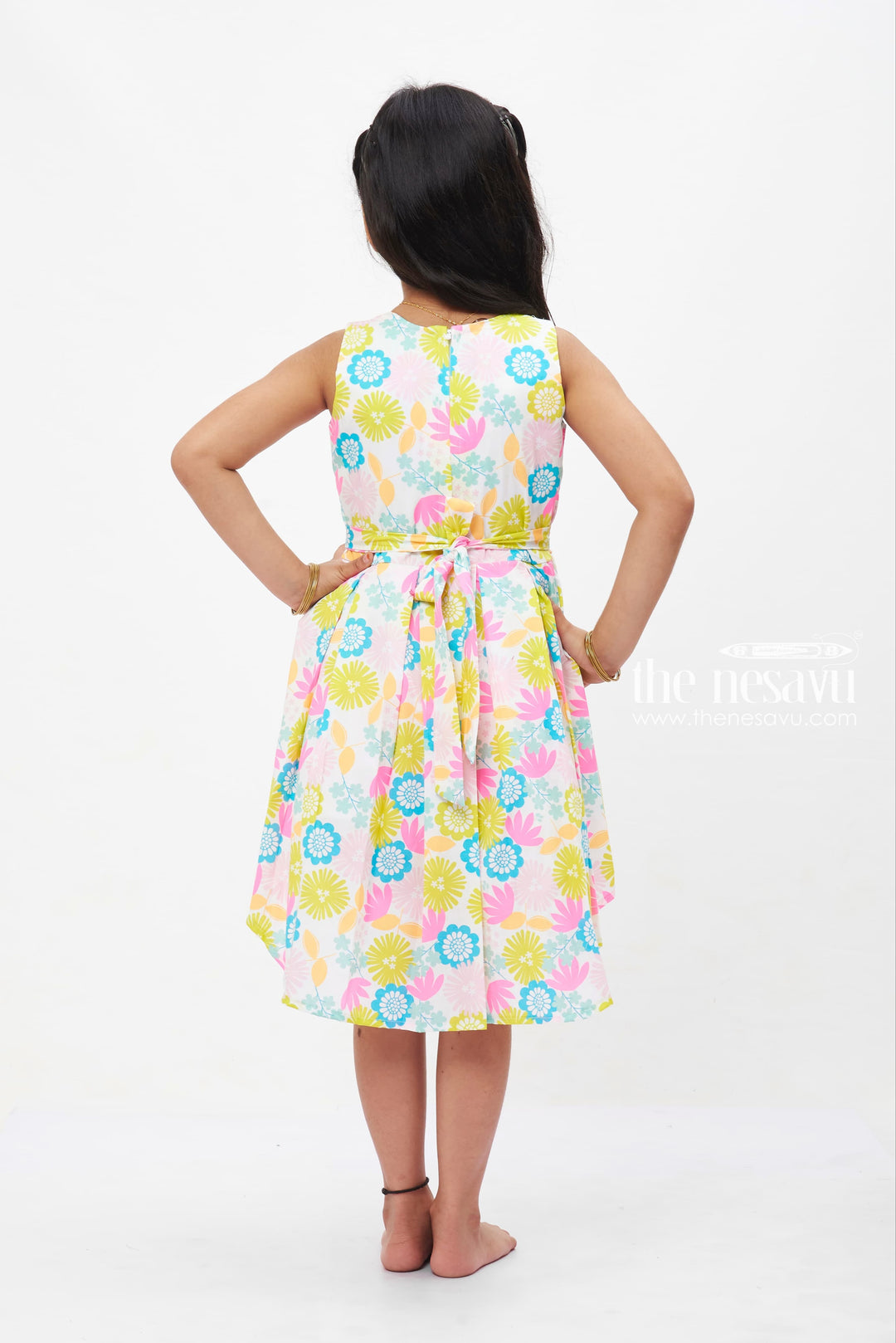 The Nesavu Girls Fancy Frock Sunshine Floral High-Low Cotton Dress: Bright Summer Print for Girls Nesavu Girls' Summer High-Low Dress | Cotton Floral Print | The Nesavu