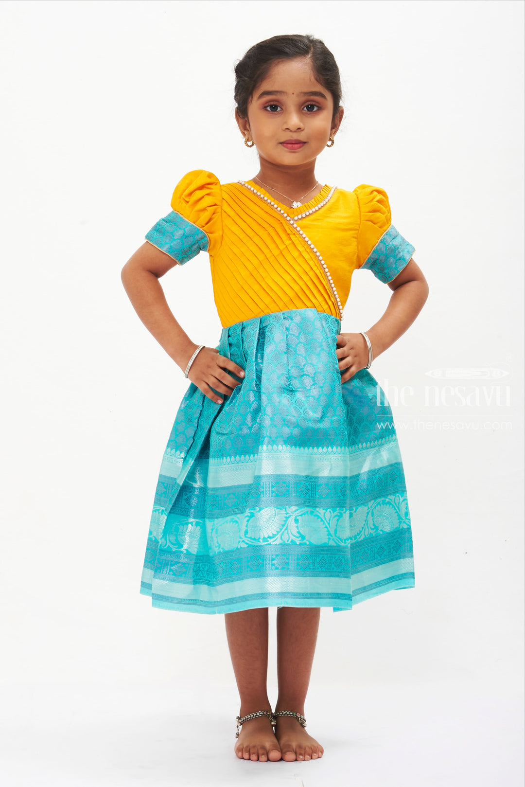 The Nesavu Silk Frock Sunshine Yellow and Aqua Blue Silk Frock with Traditional Print for Girls Nesavu 14 (6M) / Yellow / Style 1 SF728A-14 Yellow  Blue Silk Frock for Girls | Traditional Festive Wear | The Nesavu