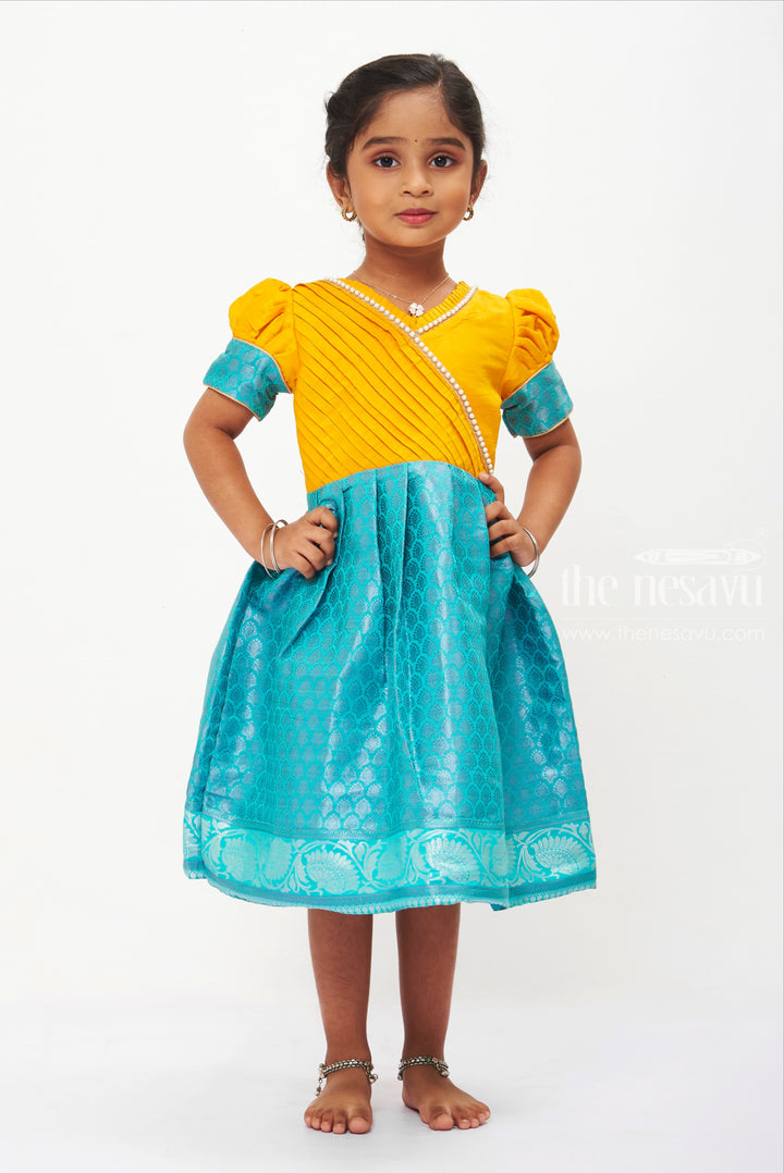 The Nesavu Silk Frock Sunshine Yellow and Aqua Blue Silk Frock with Traditional Print for Girls Nesavu 14 (6M) / Yellow / Style 2 SF728B-14 Yellow  Blue Silk Frock for Girls | Traditional Festive Wear | The Nesavu