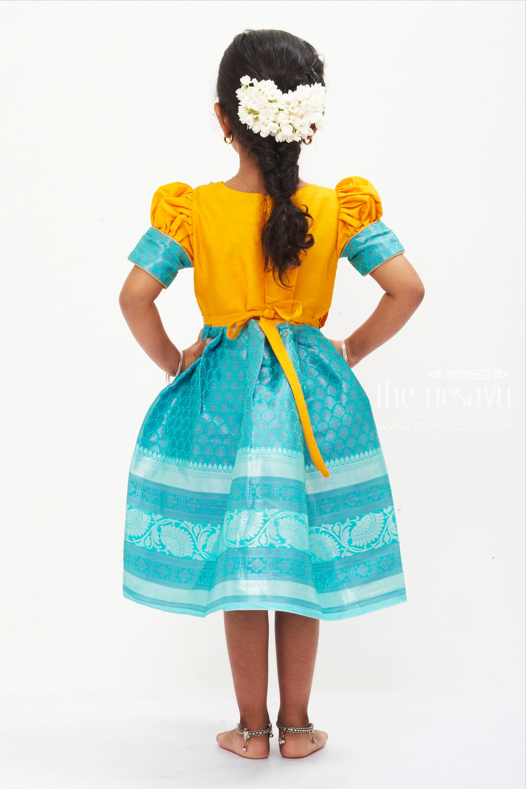 The Nesavu Silk Frock Sunshine Yellow and Aqua Blue Silk Frock with Traditional Print for Girls Nesavu Yellow  Blue Silk Frock for Girls | Traditional Festive Wear | The Nesavu