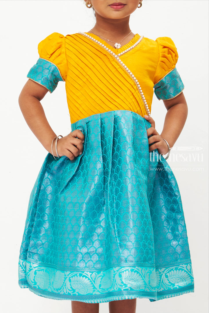 The Nesavu Silk Frock Sunshine Yellow and Aqua Blue Silk Frock with Traditional Print for Girls Nesavu Yellow  Blue Silk Frock for Girls | Traditional Festive Wear | The Nesavu