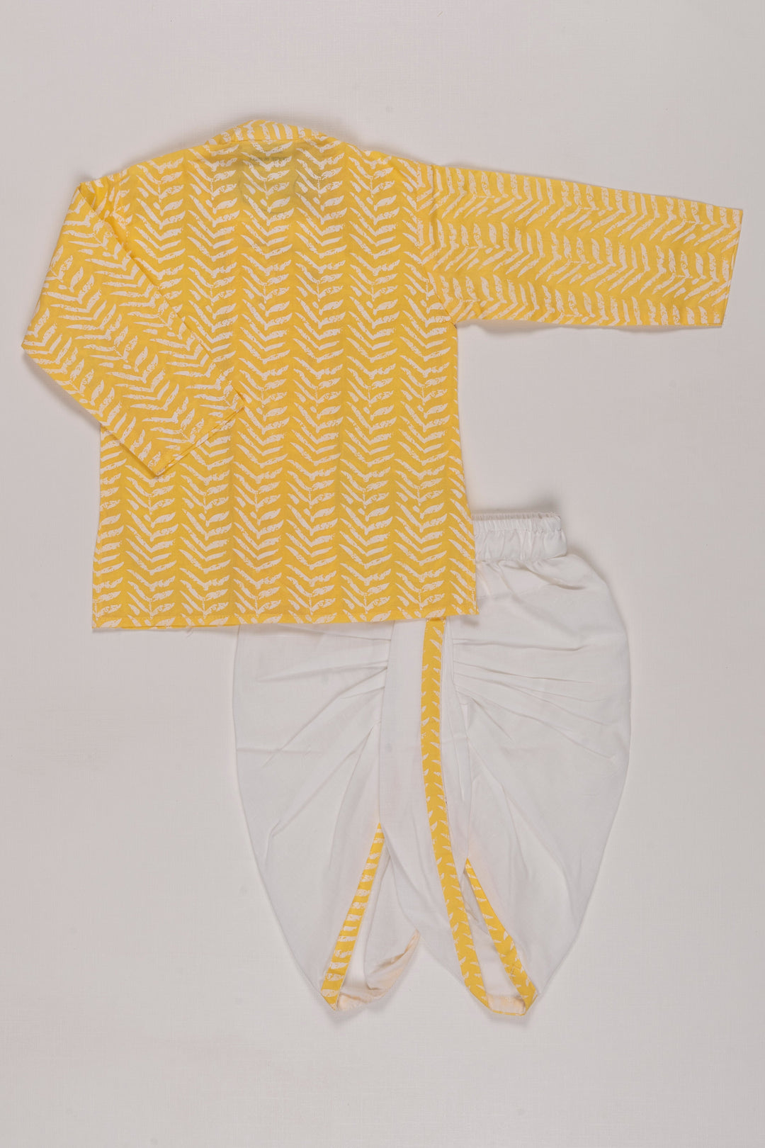 The Nesavu Boys Dothi Set Sunshine Yellow Chevron Kurta with White Dhoti Set for Boys - Vibrant Ethnic Elegance Nesavu Boys Chevron Kurta Dhoti Set in Yellow | Festive & Fun Ethnic Wear | The Nesavu