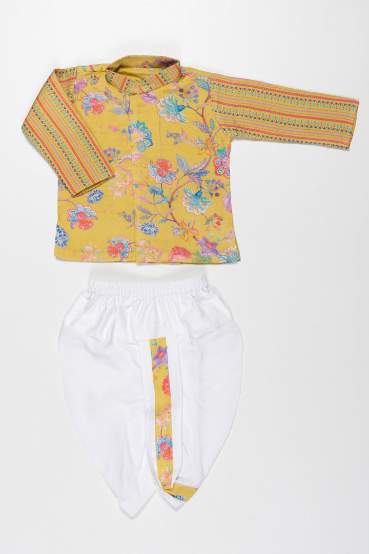 The Nesavu Boys Dothi Set Sunshine Yellow Floral Boys Ethnic Kurta Dhoti Set Nesavu 10 (NB) / Yellow / Viscose Silk BES545B-10