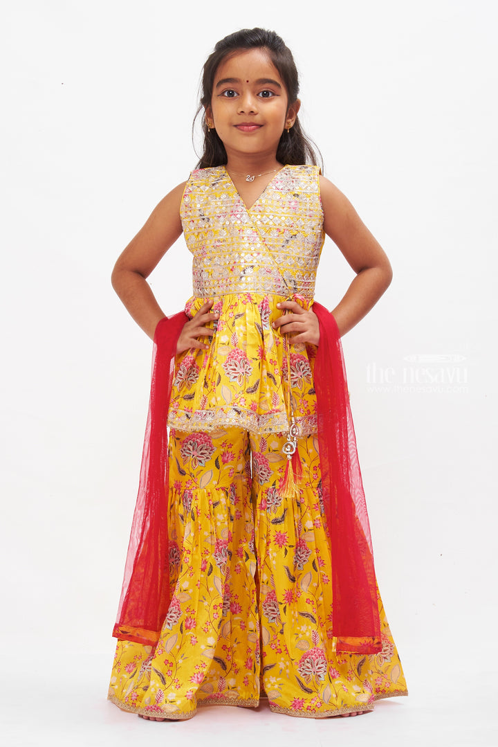 The Nesavu Girls Sharara / Plazo Set Sunshine Yellow Floral Kurti with Gharara Pant Set for Girls Nesavu 16 (1Y) / Yellow GPS276B-16 Girls Yellow Floral Kurti & Gharara Set | Vibrant Festive Childrens Wear | The Nesavu