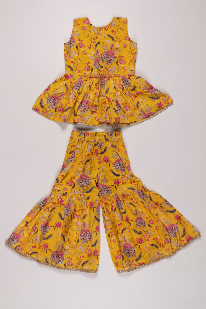 The Nesavu Girls Sharara / Plazo Set Sunshine Yellow Floral Kurti with Gharara Pant Set for Girls Nesavu Girls Yellow Floral Kurti & Gharara Set | Vibrant Festive Childrens Wear | The Nesavu