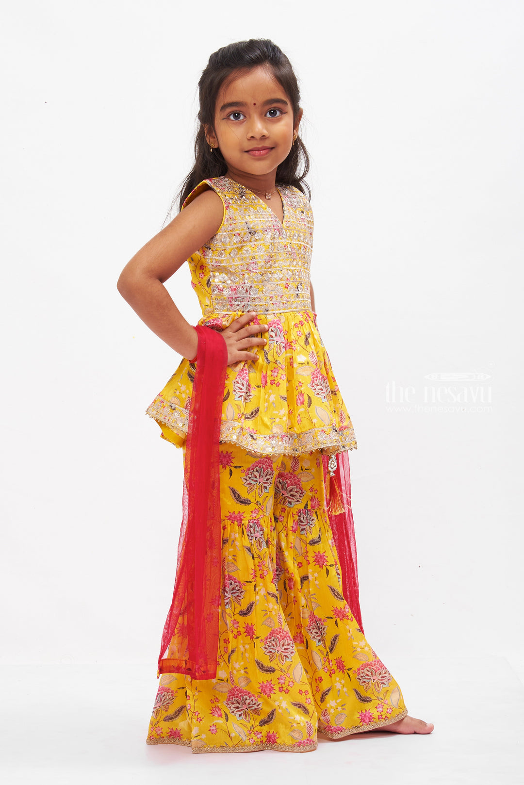 The Nesavu Girls Sharara / Plazo Set Sunshine Yellow Floral Kurti with Gharara Pant Set for Girls Nesavu Girls Yellow Floral Kurti & Gharara Set | Vibrant Festive Childrens Wear | The Nesavu