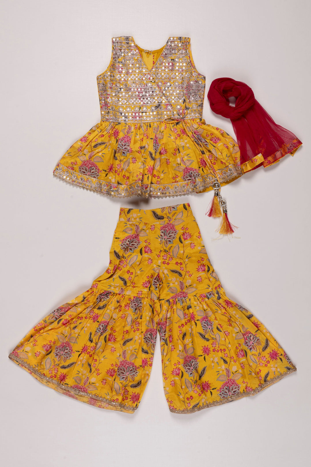 The Nesavu Girls Sharara / Plazo Set Sunshine Yellow Floral Kurti with Gharara Pant Set for Girls Nesavu Girls Yellow Floral Kurti & Gharara Set | Vibrant Festive Childrens Wear | The Nesavu