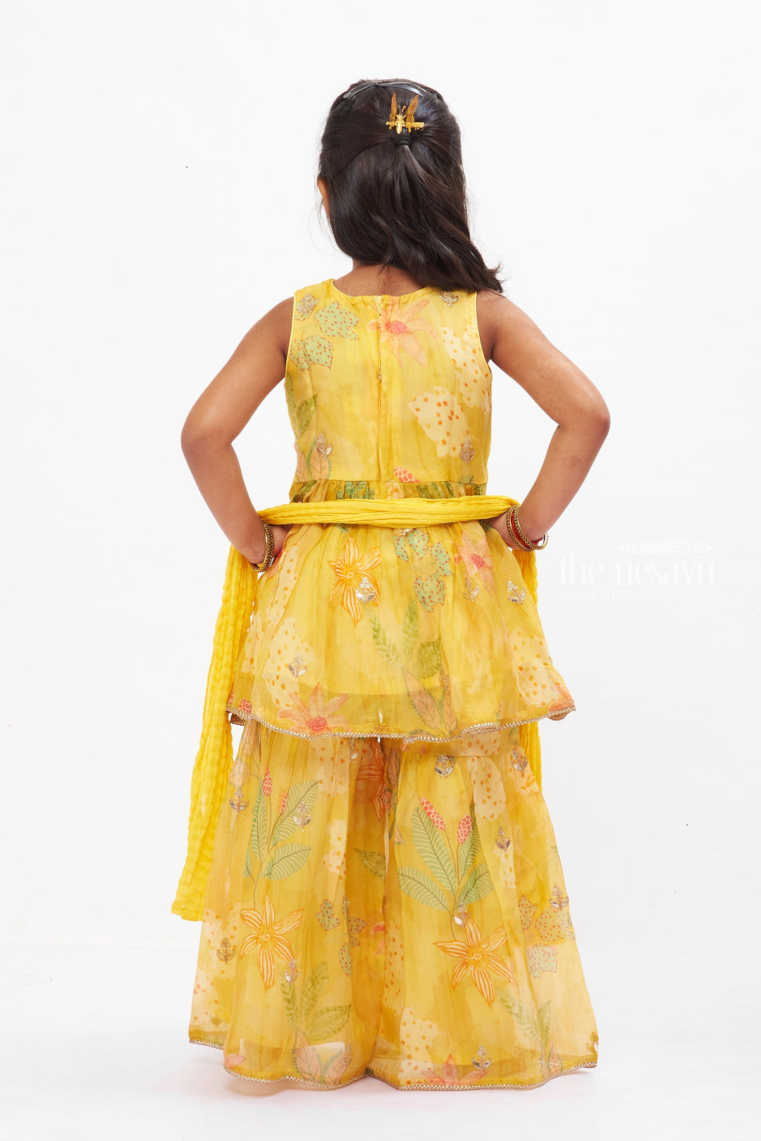 The Nesavu Girls Sharara / Plazo Set Sunshine Yellow Layered Gharara Set with Sparkling Sequins for Girls Nesavu Buy Girls Yellow Sequined Gharara Set | Vibrant Floral Themed Outfit | The Nesavu
