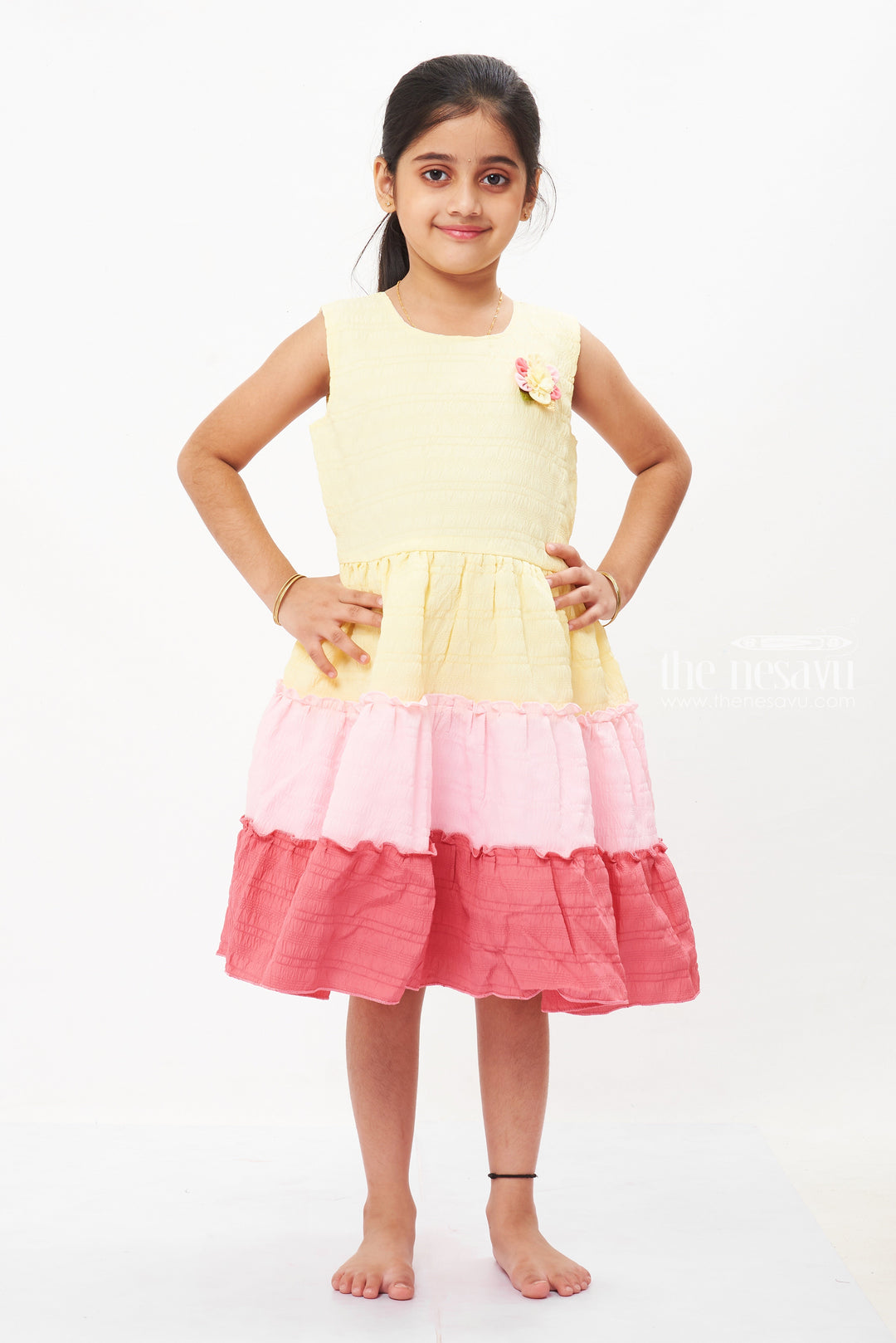 The Nesavu Girls Fancy Frock Sunshine Yellow Triple Layered Fancy Frock for Girls - Perfect Summer Delight Nesavu 22 (4Y) / Yellow / Cotton GFC1291A-22 Girls Yellow Layered Summer Dress | Cute Frocks Online Shopping | The Nesavu