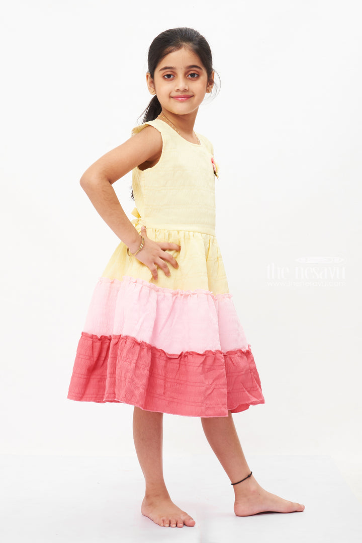 The Nesavu Girls Fancy Frock Sunshine Yellow Triple Layered Fancy Frock for Girls - Perfect Summer Delight Nesavu Girls Yellow Layered Summer Dress | Cute Frocks Online Shopping | The Nesavu