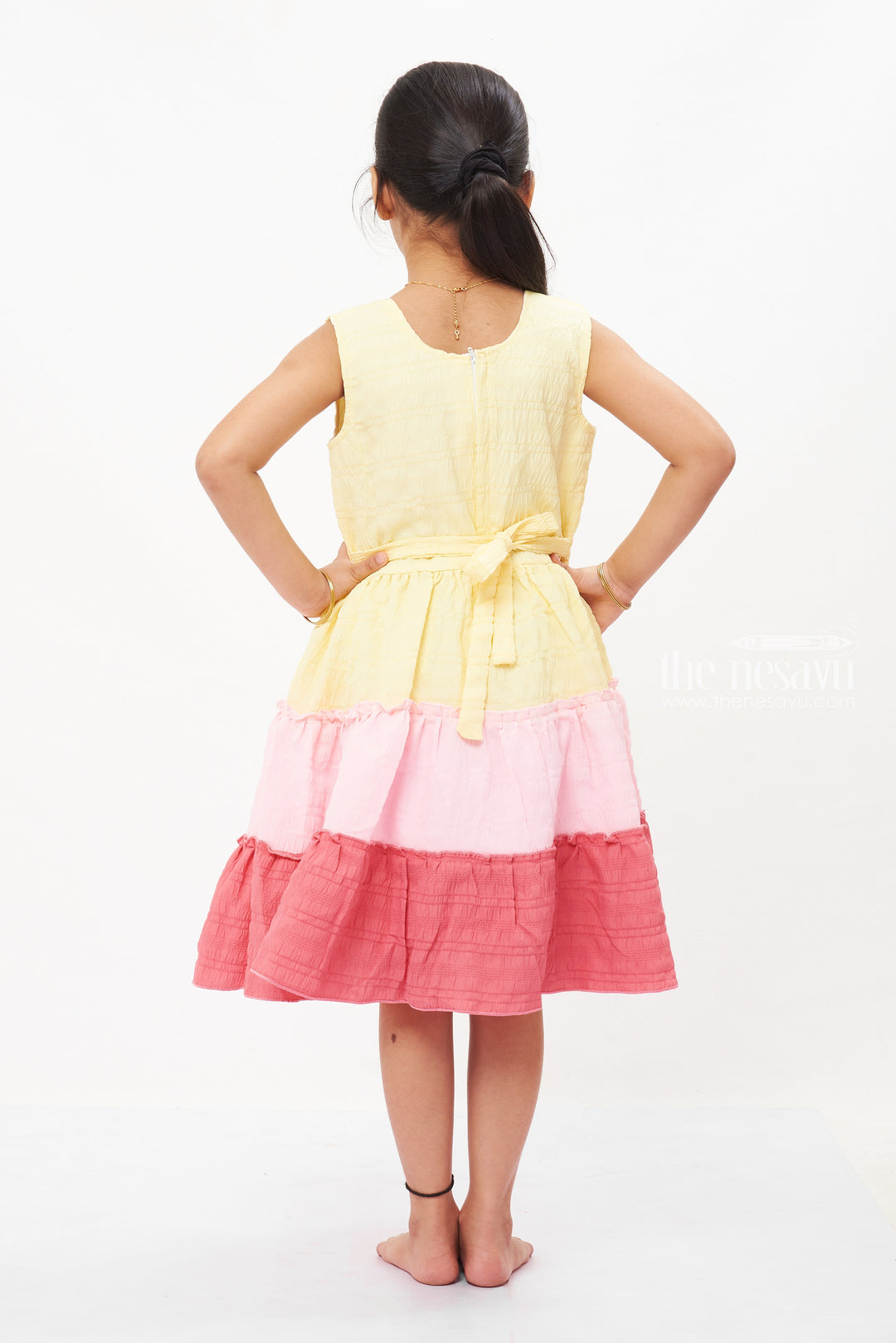 The Nesavu Girls Fancy Frock Sunshine Yellow Triple Layered Fancy Frock for Girls - Perfect Summer Delight Nesavu Girls Yellow Layered Summer Dress | Cute Frocks Online Shopping | The Nesavu