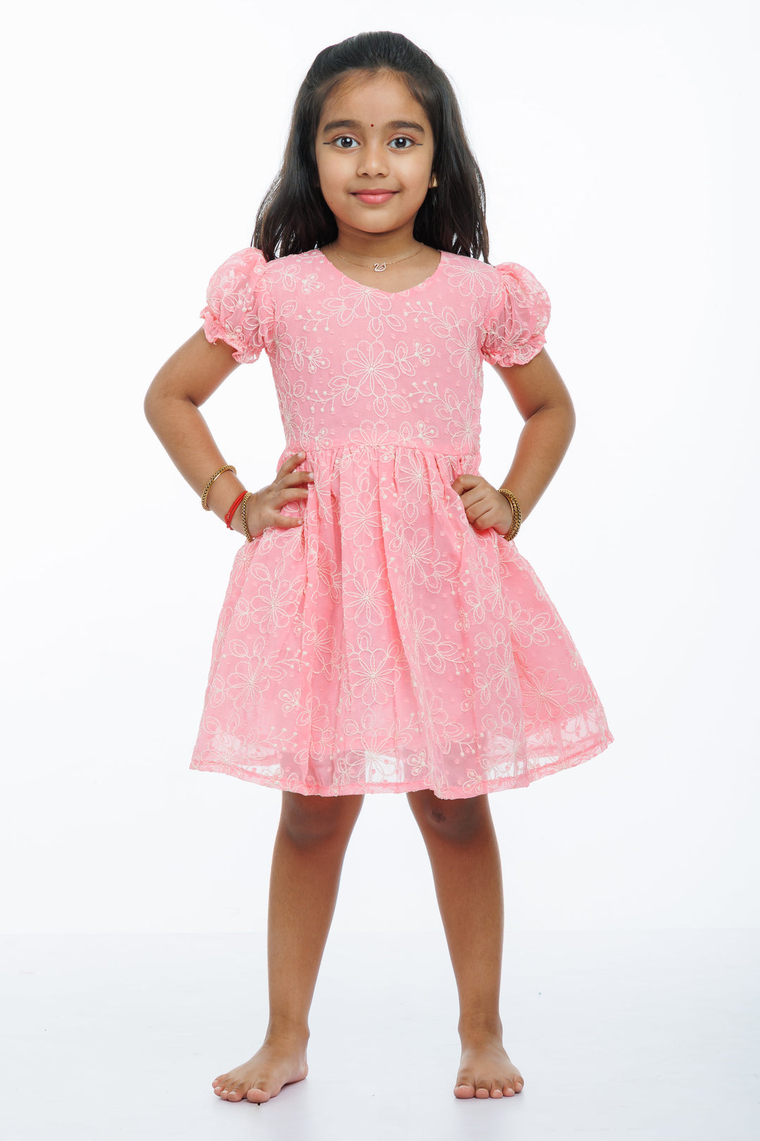 The Nesavu Girls Cotton Frock Sweet Blossom Pink Cotton Frock for Girls with Delicate Embroidery Nesavu 20 (3Y) / Pink / Georgette GFC1276A-20 Girls Embroidered Pink Cotton Summer Dress | Traditional & Trendy | The Nesavu
