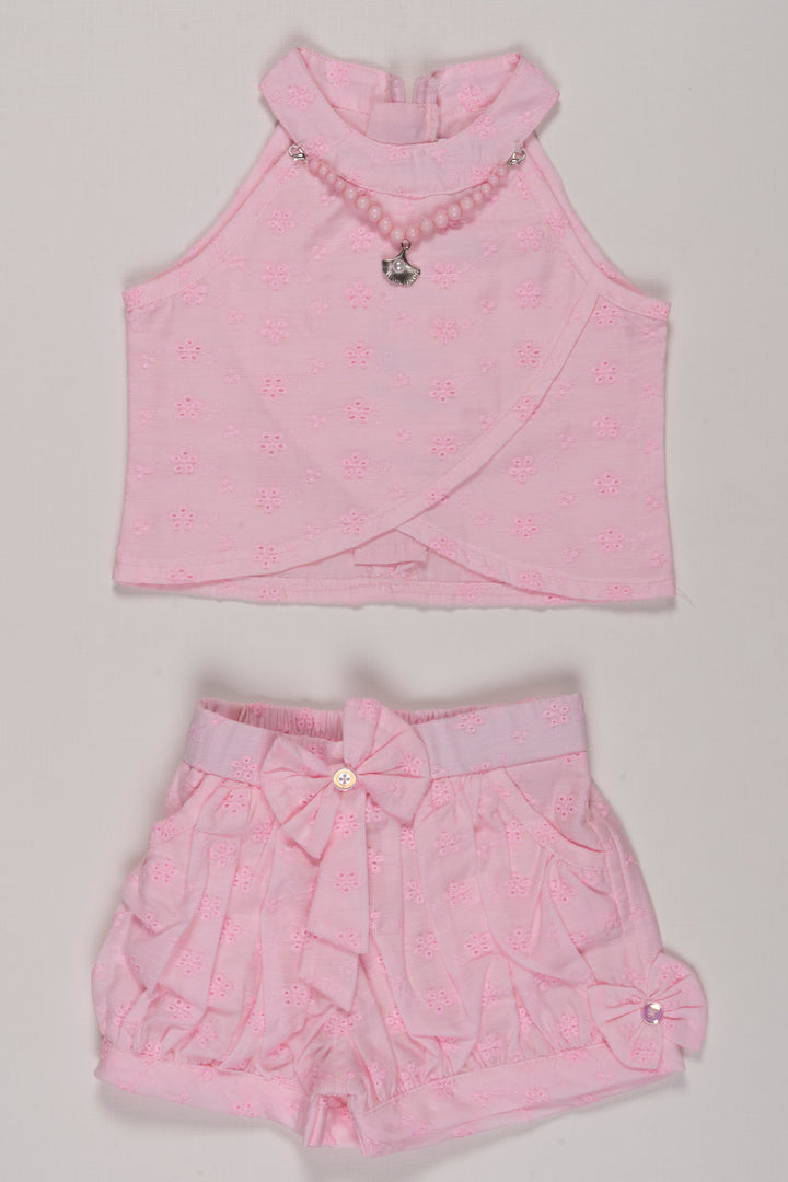 The Nesavu Baby Casual Sets Sweet Pink Embroidered Top and Shorts Set for Girls Nesavu 18 (2Y) / Pink BFJ513B-18 Girls Pink Embroidered Outfit Set | Floral Sleeveless Top | Ruffled Shorts | The Nesavu