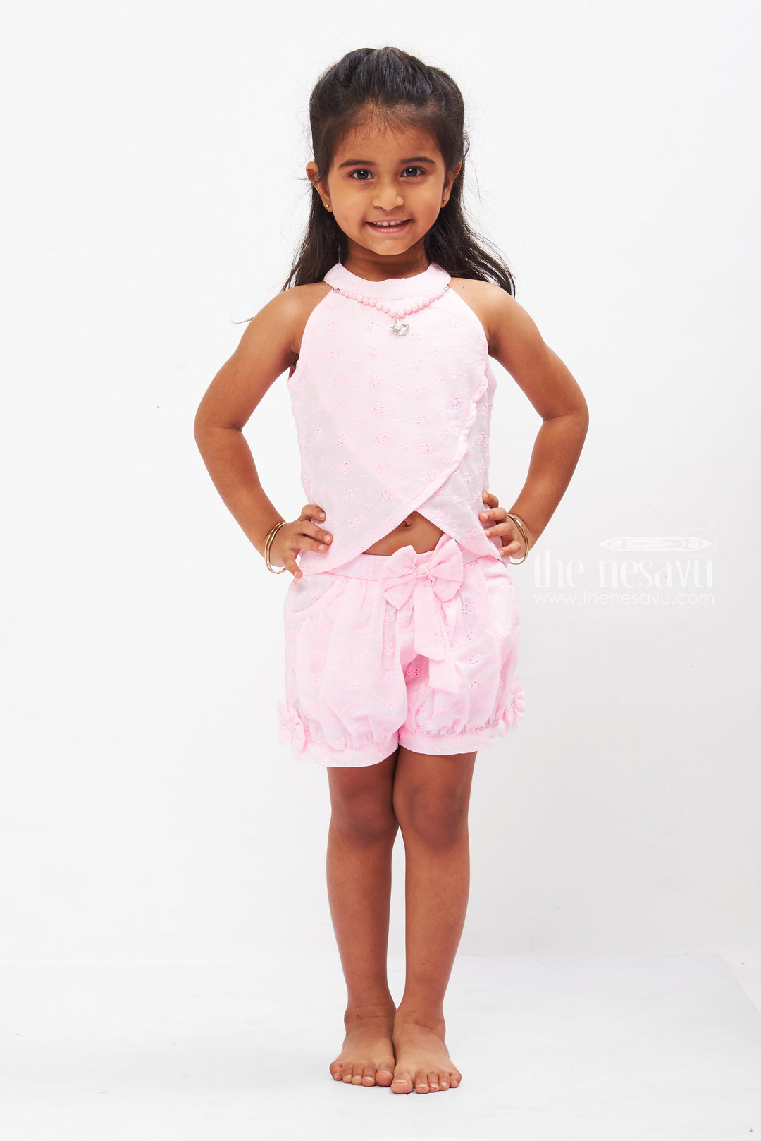 The Nesavu Baby Casual Sets Sweet Pink Embroidered Top and Shorts Set for Girls Nesavu 18 (2Y) / Pink BFJ513B-18 Girls Pink Embroidered Outfit Set | Floral Sleeveless Top | Ruffled Shorts | The Nesavu