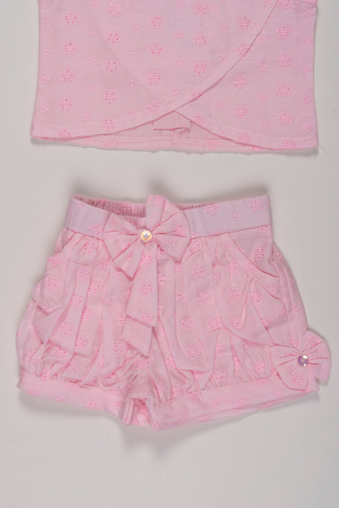 The Nesavu Baby Casual Sets Sweet Pink Embroidered Top and Shorts Set for Girls Nesavu Girls Pink Embroidered Outfit Set | Floral Sleeveless Top | Ruffled Shorts | The Nesavu