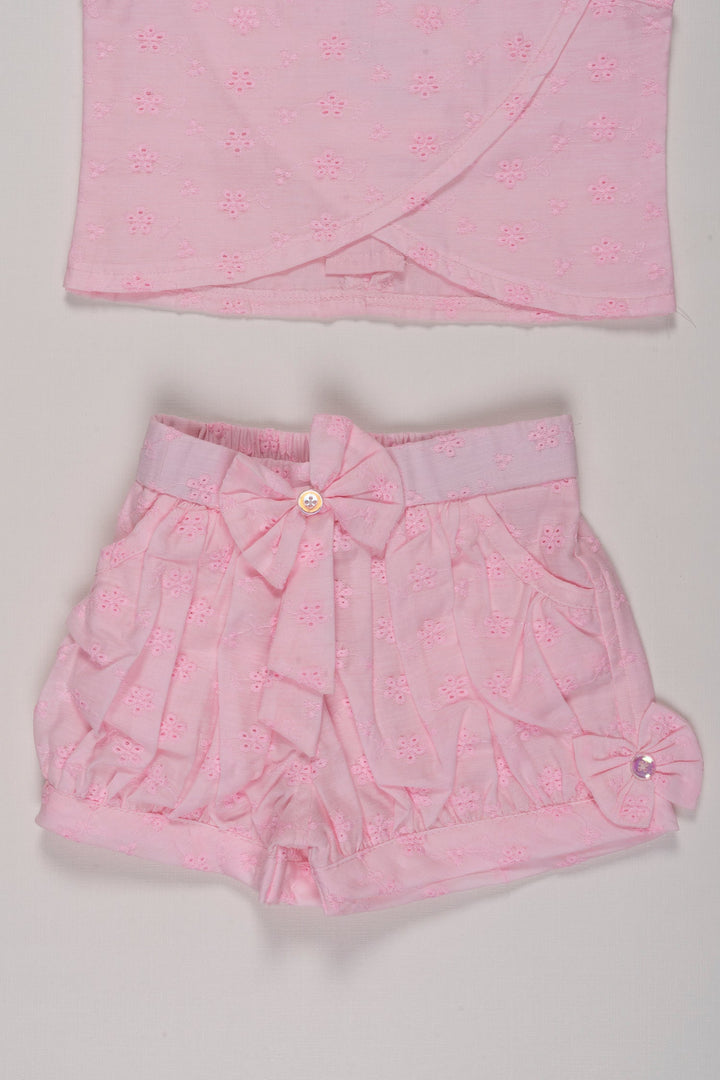 The Nesavu Baby Casual Sets Sweet Pink Embroidered Top and Shorts Set for Girls Nesavu Girls Pink Embroidered Outfit Set | Floral Sleeveless Top | Ruffled Shorts | The Nesavu