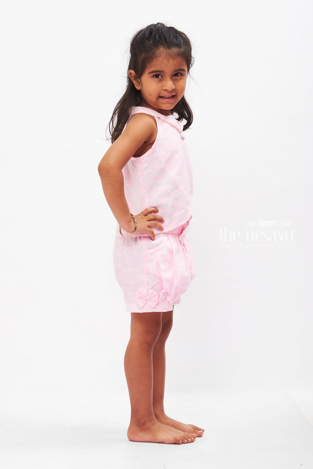 The Nesavu Baby Casual Sets Sweet Pink Embroidered Top and Shorts Set for Girls Nesavu Girls Pink Embroidered Outfit Set | Floral Sleeveless Top | Ruffled Shorts | The Nesavu