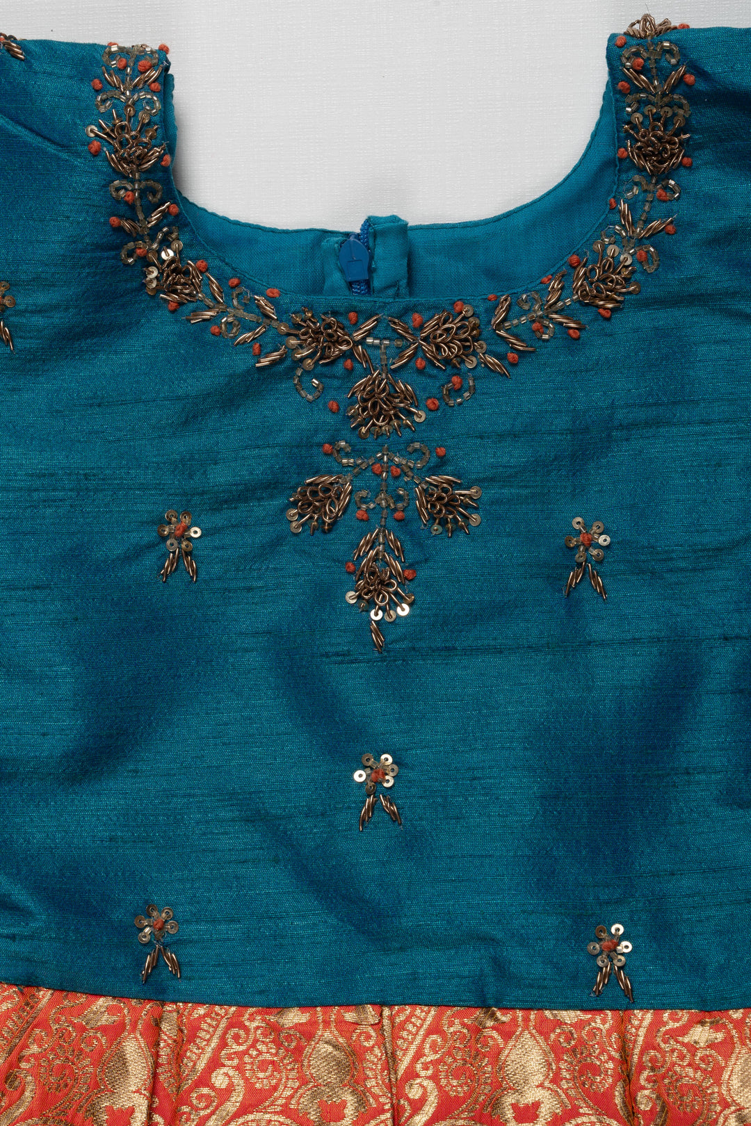The Nesavu Silk Party Frock Teal and Orange Banarasi Semi-Silk Dress for Girls - Ideal for Festive Occasions Nesavu Teal and Orange Banarasi Semi-Silk Dress for Girls - Festive Wear