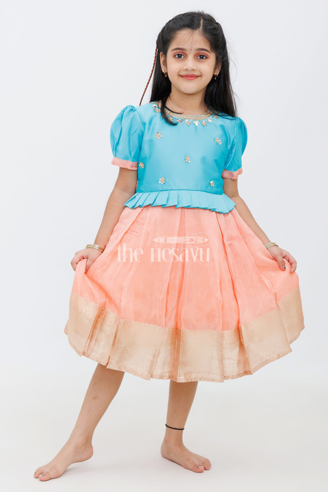 The Nesavu Silk Party Frock Teal and Peach Semi-Organza Silk Frock with Zari Border for Girls Nesavu 16 (1Y) / multicolor SF919A-16 Teal Peach Girls Silk Frock Golden Zari Border Weddings Festivities