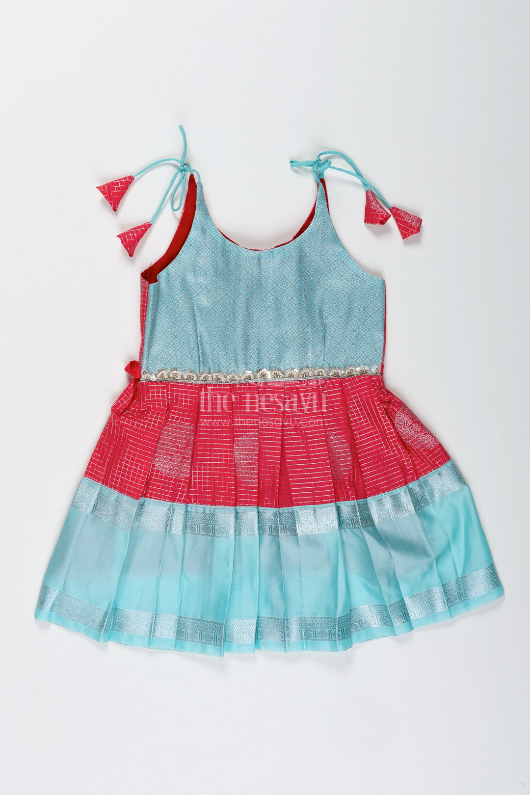The Nesavu Tie-up Frock Teal and Red Ethnic Frock for Baby Girls Festive Semi Silk Dress with Zari Detailing Nesavu 14 (6M) / Blue / Style 1 SF998FA-14 Nesavu Teal And Red Semi Silk Frock For Baby Girls Festive Ethnic Dress With Silver Zari