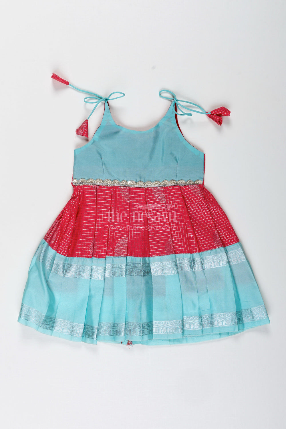The Nesavu Tie-up Frock Teal and Red Ethnic Frock for Baby Girls Festive Semi Silk Dress with Zari Detailing Nesavu 14 (6M) / Blue / Style 2 SF998FB-14 Nesavu Teal And Red Semi Silk Frock For Baby Girls Festive Ethnic Dress With Silver Zari