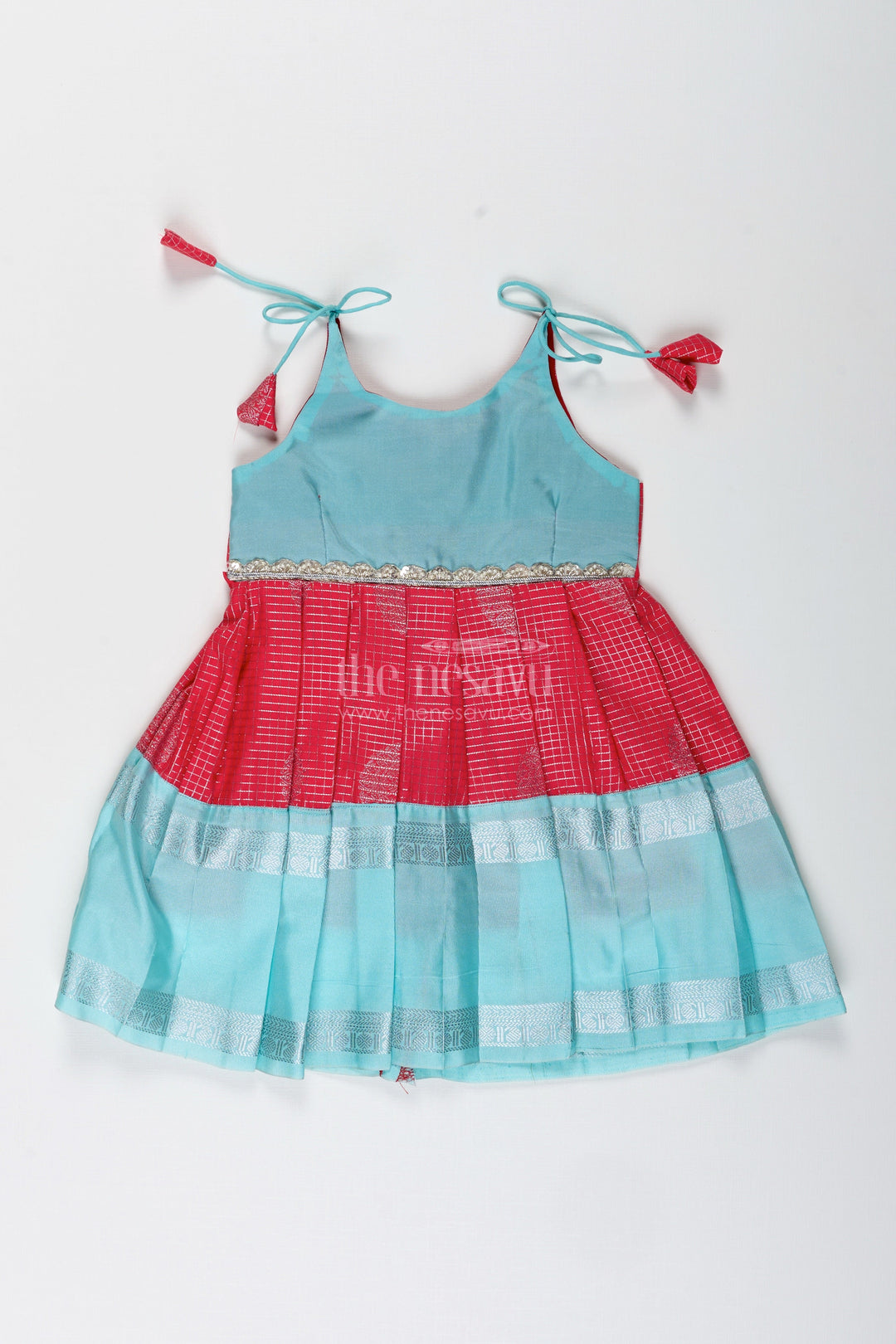 The Nesavu Tie-up Frock Teal and Red Ethnic Frock for Baby Girls Festive Semi Silk Dress with Zari Detailing Nesavu 14 (6M) / Blue / Style 2 SF998FB-14 Nesavu Teal And Red Semi Silk Frock For Baby Girls Festive Ethnic Dress With Silver Zari