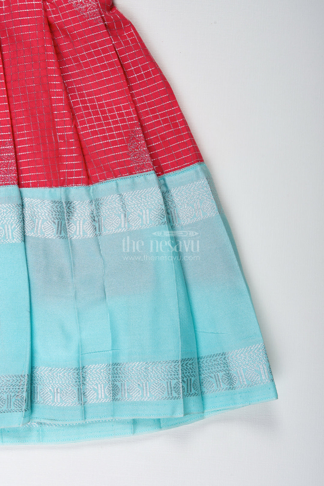 The Nesavu Tie-up Frock Teal and Red Ethnic Frock for Baby Girls Festive Semi Silk Dress with Zari Detailing Nesavu Nesavu Teal And Red Semi Silk Frock For Baby Girls Festive Ethnic Dress With Silver Zari