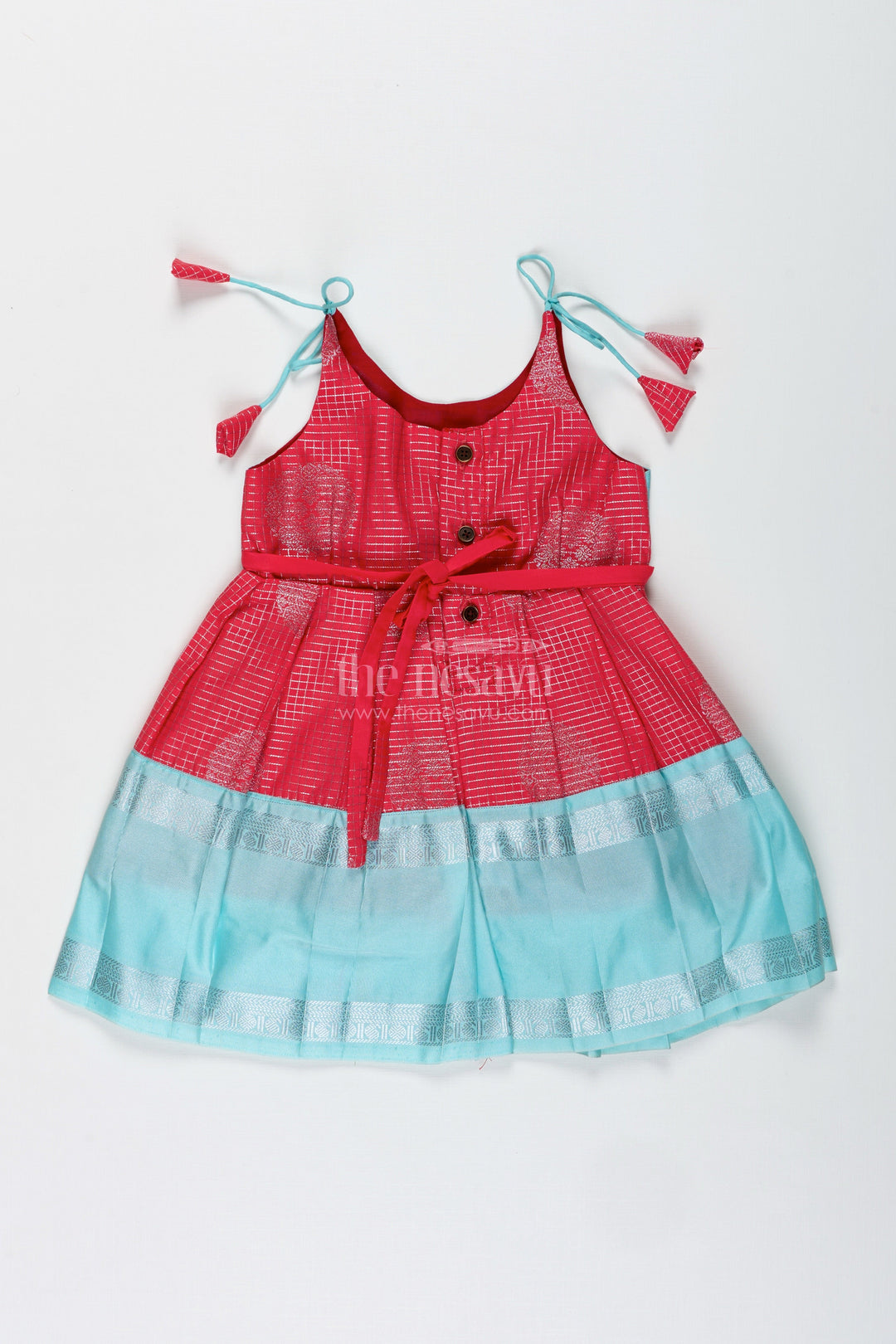 The Nesavu Tie-up Frock Teal and Red Ethnic Frock for Baby Girls Festive Semi Silk Dress with Zari Detailing Nesavu Nesavu Teal And Red Semi Silk Frock For Baby Girls Festive Ethnic Dress With Silver Zari