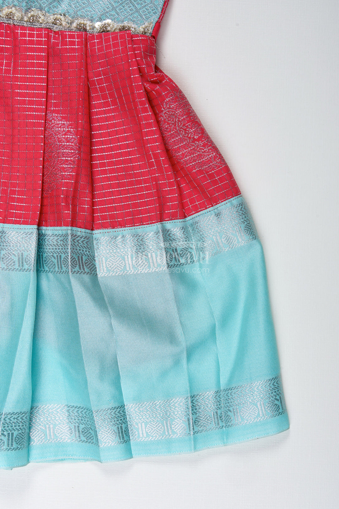 The Nesavu Tie-up Frock Teal and Red Ethnic Frock for Baby Girls Festive Semi Silk Dress with Zari Detailing Nesavu Nesavu Teal And Red Semi Silk Frock For Baby Girls Festive Ethnic Dress With Silver Zari