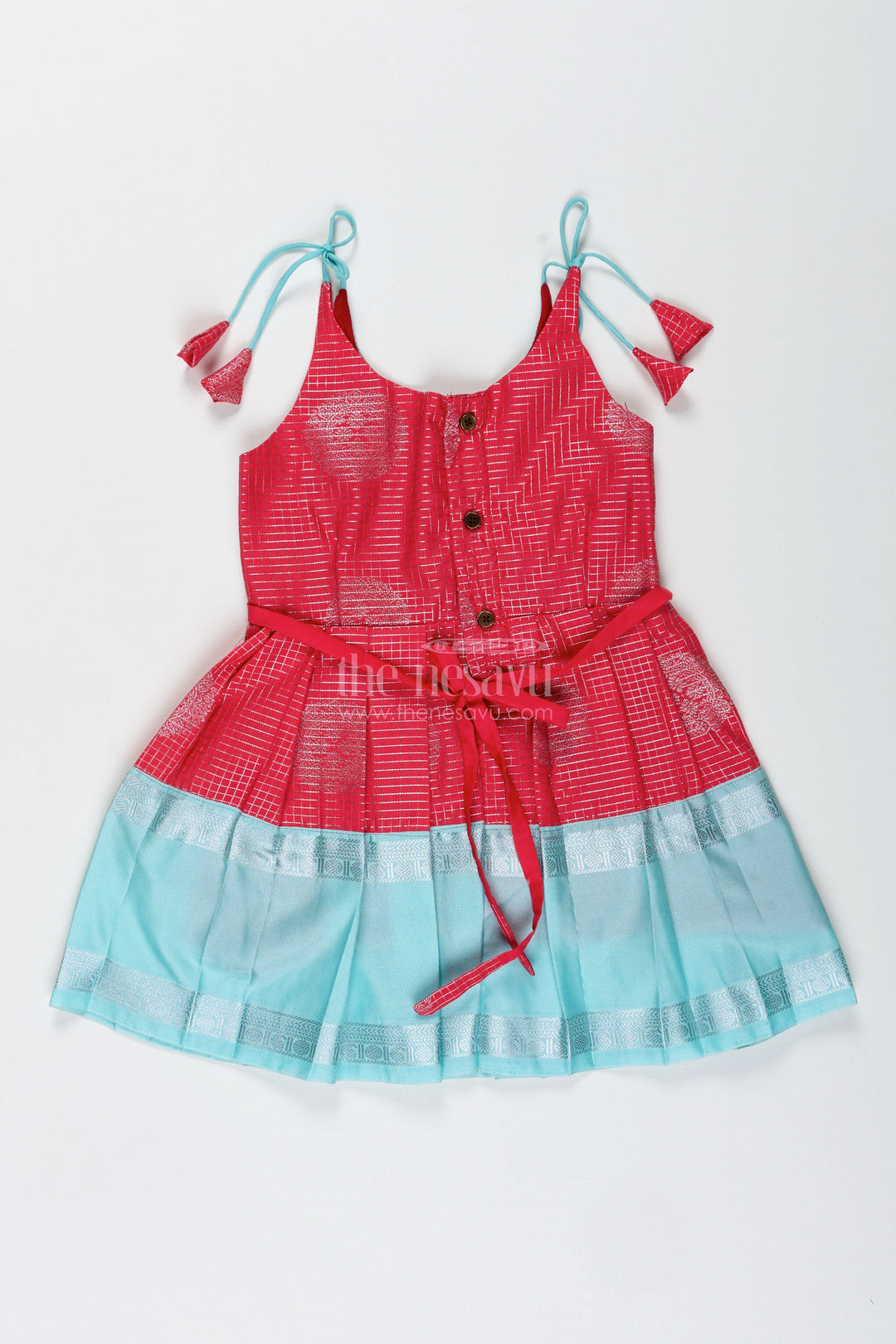 The Nesavu Tie-up Frock Teal and Red Ethnic Frock for Baby Girls Festive Semi Silk Dress with Zari Detailing Nesavu Nesavu Teal And Red Semi Silk Frock For Baby Girls Festive Ethnic Dress With Silver Zari