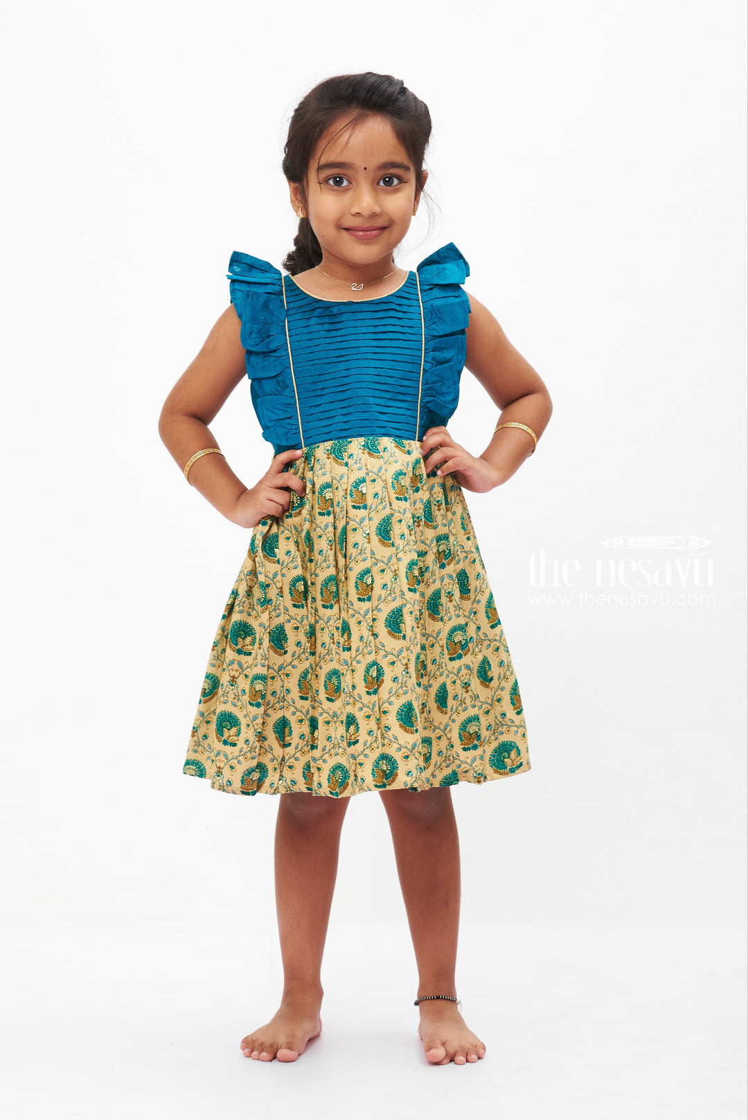 The Nesavu Baby Cotton Frocks Teal Blue and Beige Traditional Peacock Printed Baby Frock for Girls Nesavu 16 (1Y) / Blue BFJ510A-16 Girls Teal Peacock Print Festive Dress | Baby Frock for little Girls | The Nesavu
