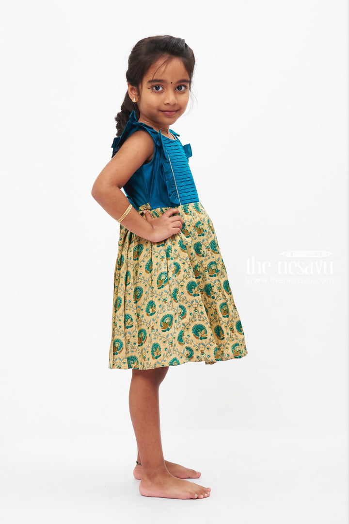 The Nesavu Baby Cotton Frocks Teal Blue and Beige Traditional Peacock Printed Baby Frock for Girls Nesavu Girls Teal Peacock Print Festive Dress | Baby Frock for little Girls | The Nesavu