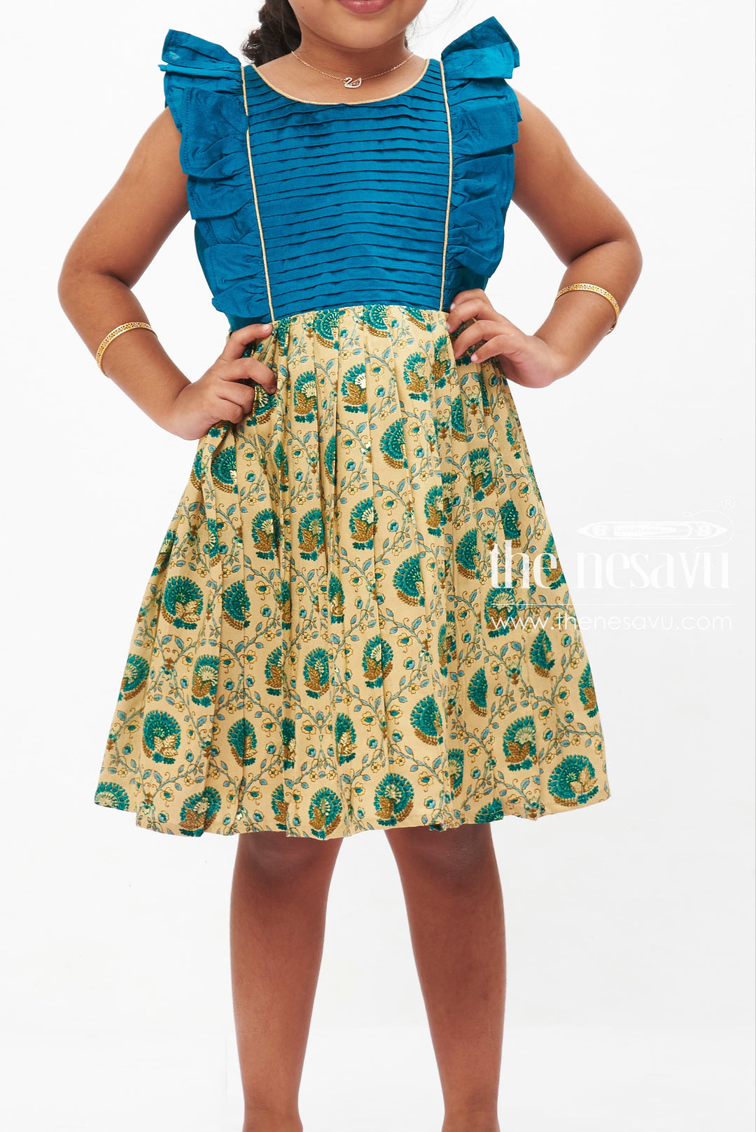 The Nesavu Baby Cotton Frocks Teal Blue and Beige Traditional Peacock Printed Baby Frock for Girls Nesavu Girls Teal Peacock Print Festive Dress | Baby Frock for little Girls | The Nesavu
