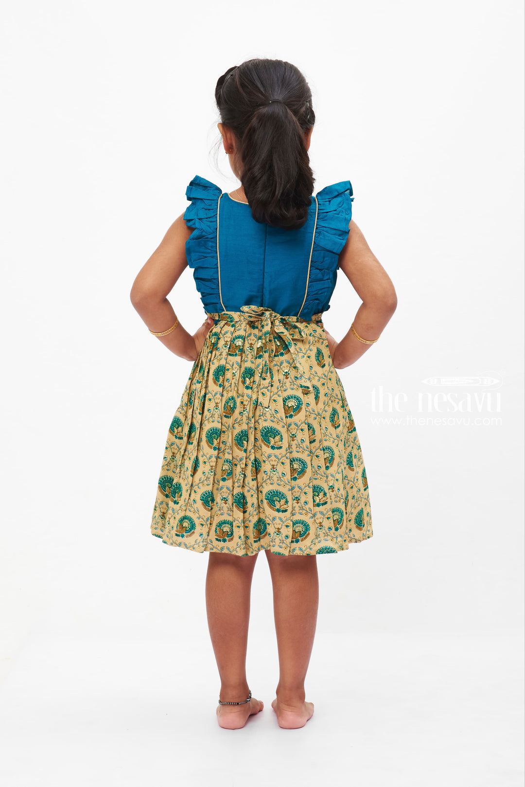 The Nesavu Baby Cotton Frocks Teal Blue and Beige Traditional Peacock Printed Baby Frock for Girls Nesavu Girls Teal Peacock Print Festive Dress | Baby Frock for little Girls | The Nesavu