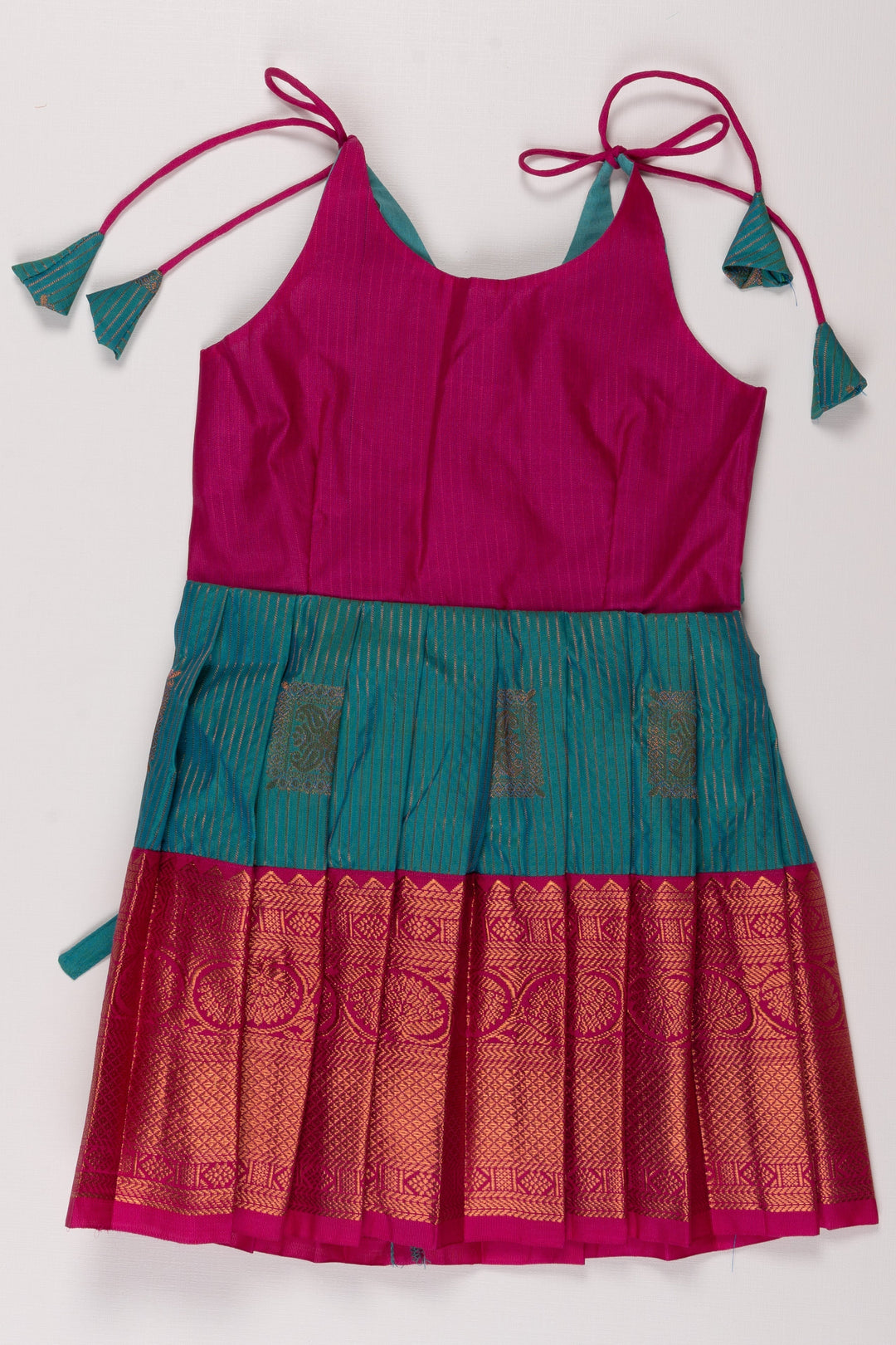 The Nesavu Tie Up Frock Teal Blue and Magenta Silk Frock with Zari Weave and Tie-Up Details Nesavu 16 (1Y) / Blue / Style 3 T324C-16 Teal and Magenta Silk Frock for Girls with Zari Detail | Festive and Playful | The Nesavu