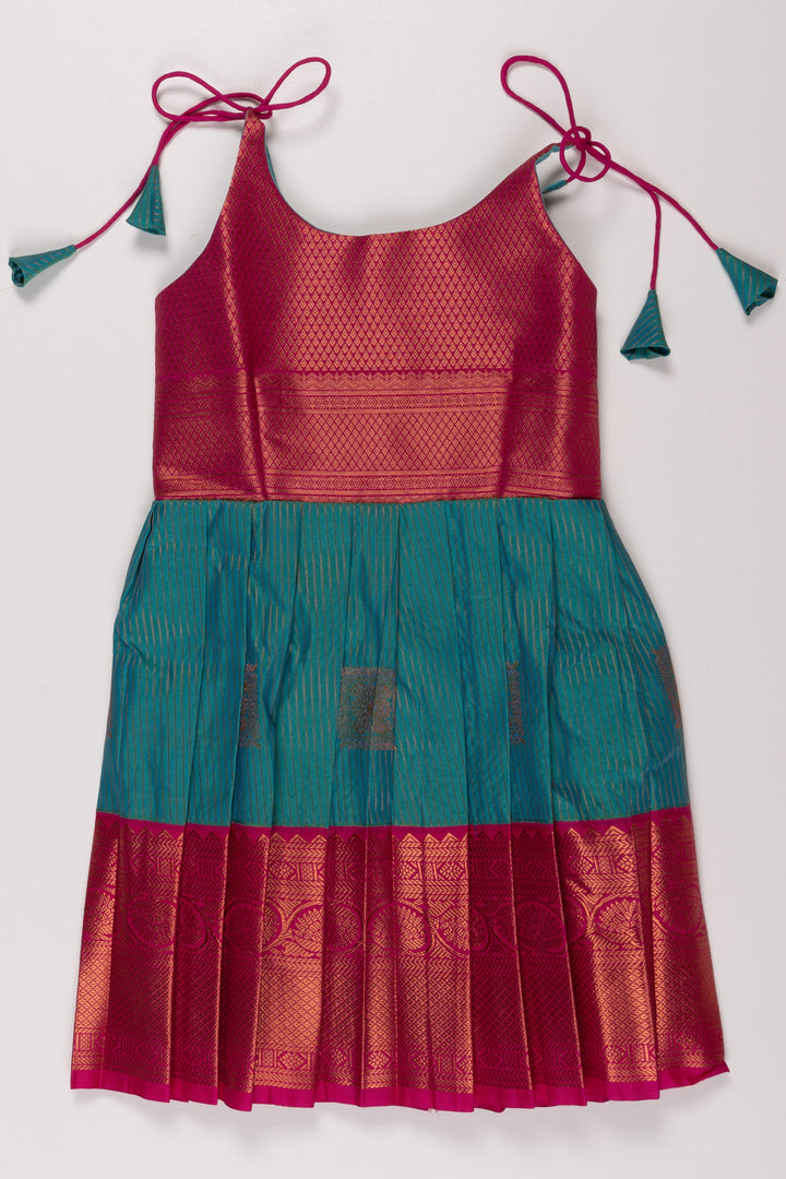The Nesavu Tie Up Frock Teal Blue and Magenta Silk Frock with Zari Weave and Tie-Up Details Nesavu 20 (3Y) / Blue / Style 2 T324B-20 Teal and Magenta Silk Frock for Girls with Zari Detail | Festive and Playful | The Nesavu