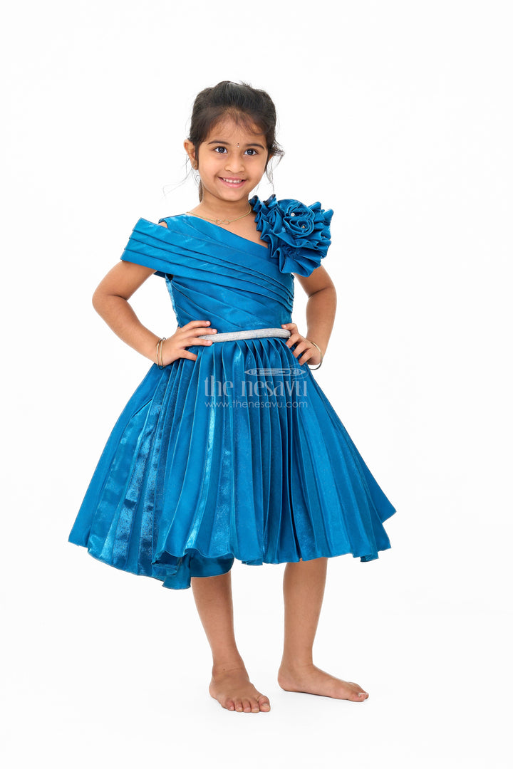 The Nesavu Girls Fancy Party Frock Teal Blue Glaze Organza Asymmetrical Party Frock with Stone Belt Embellishment for Girls Nesavu Teal Blue Glaze Organza Asymmetrical Party Frock with Stone Belt for Girls Nesavu