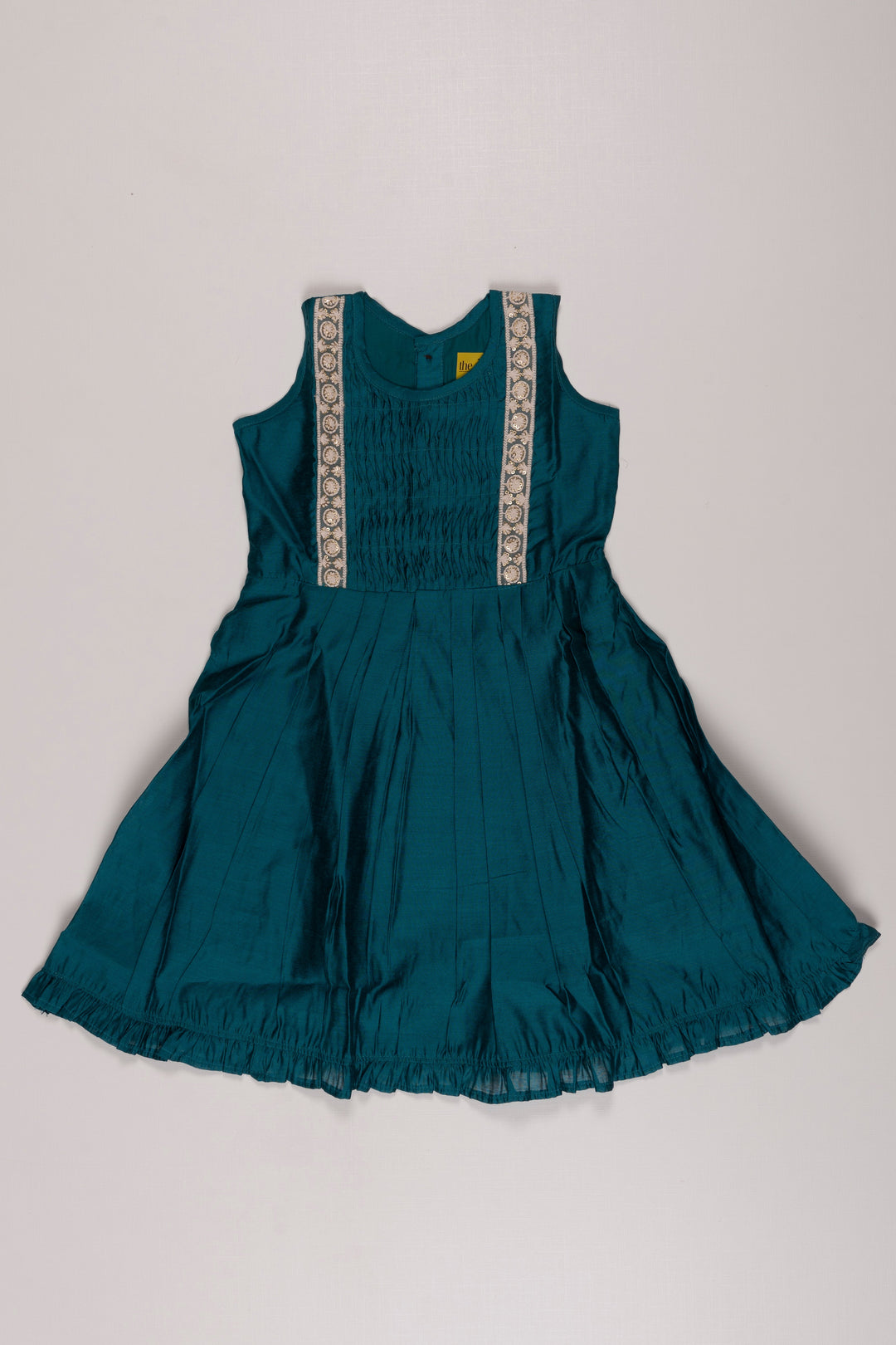 The Nesavu Girls Cotton Frock Teal Blue Pleated Frock with Elegant White Lace Detailing for Girls Nesavu 16 (1Y) / Blue / Chanderi GFC1242A-16 Elegant Teal Blue Lace Frock for Girls | Festive Children's Dress | The Nesavu