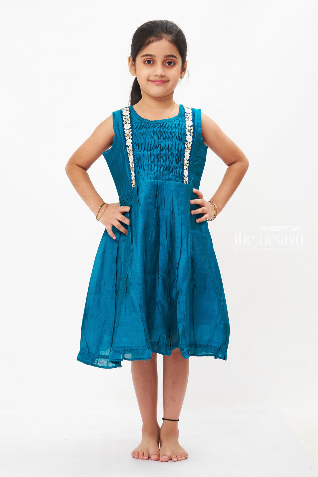 The Nesavu Girls Cotton Frock Teal Blue Pleated Frock with Elegant White Lace Detailing for Girls Nesavu 16 (1Y) / Blue / Chanderi GFC1242B-16 Elegant Teal Blue Lace Frock for Girls | Festive Children's Dress | The Nesavu