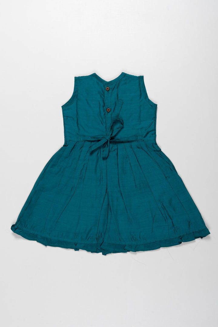 The Nesavu Girls Cotton Frock Teal Blue Pleated Frock with Elegant White Lace Detailing for Girls Nesavu Elegant Teal Blue Lace Frock for Girls | Festive Children's Dress | The Nesavu